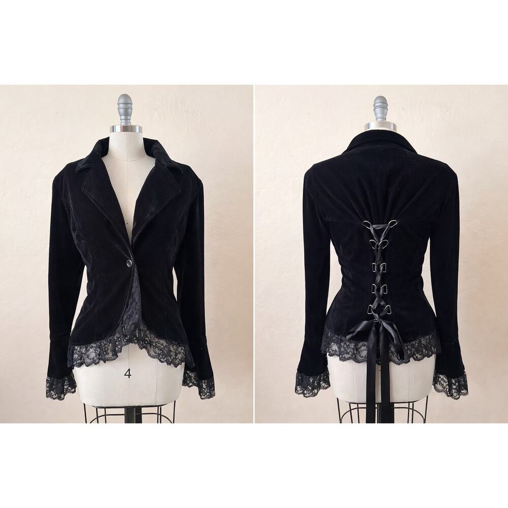 Chic Star Black Velvet Lace Trim Corset Back Whimsy Gothic Blazer Jacket M - Picture 2 of 10